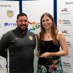 SHSA 2022 Complete Coaching Sporting Moment of the Year – winner Catherine King accepts on behalf of herself and her sister Gemma, with sponsor 1